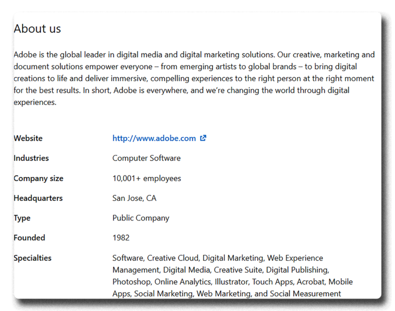 Screenshot of Adobe's LinkedIn page 