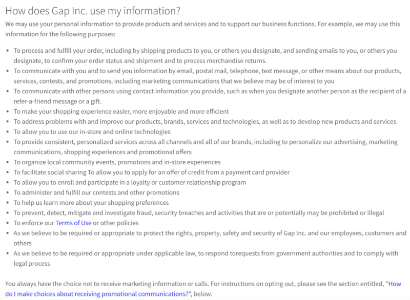 Gap privacy policy data collection