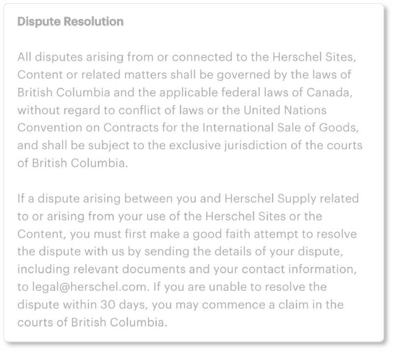 Herschel Terms & conditions dispute resolution