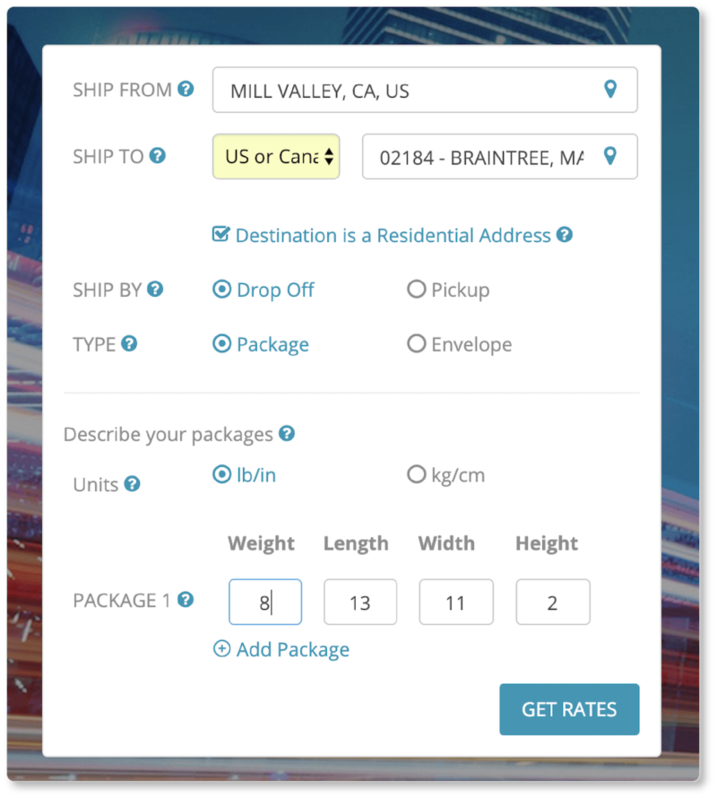 Shipping comparison calculator interface