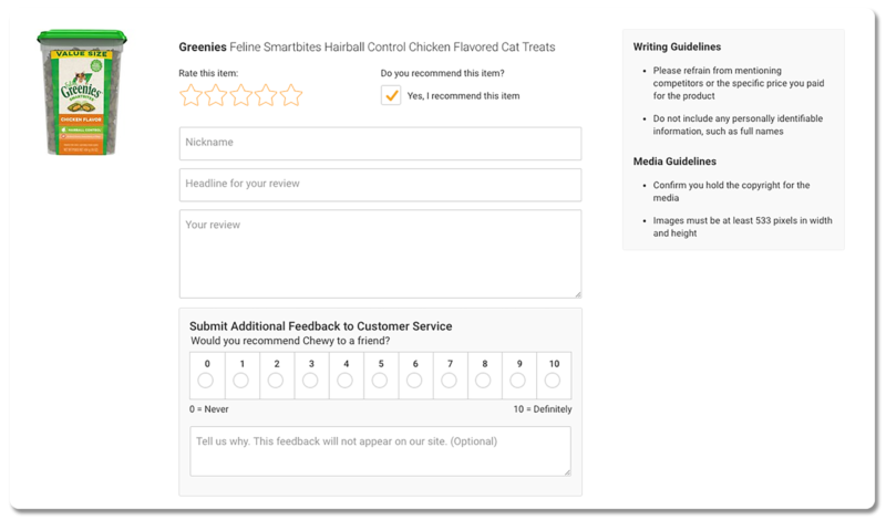 Review form for cat treats on Chewy.com