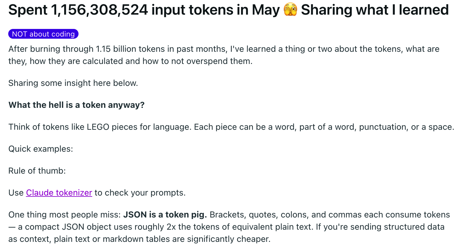 Reddit post on burning over 1 billion tokens