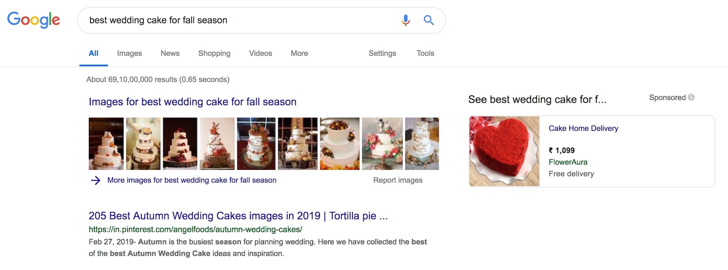 "wedding cake image thumbnails on the search results page of Google"