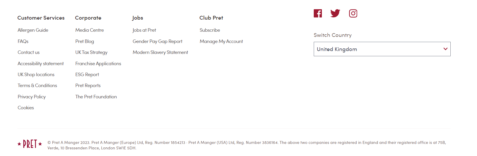 "Example of social media buttons on website - Pret"