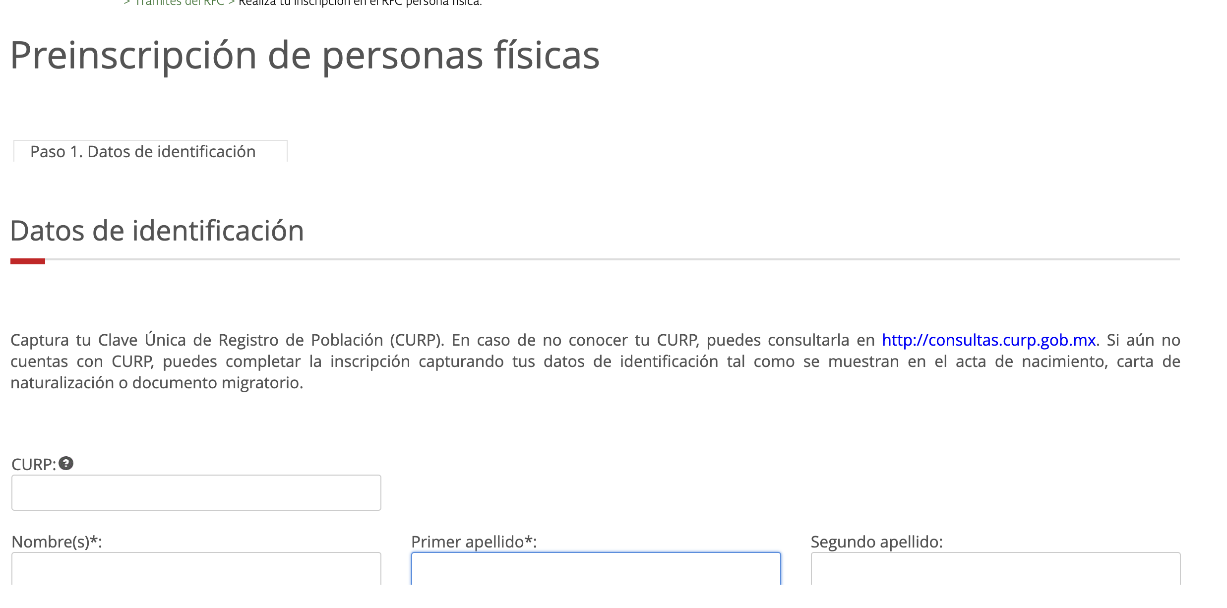 Captura de pantalla del portal del sat para preinscribirse para el rfc personas físicas