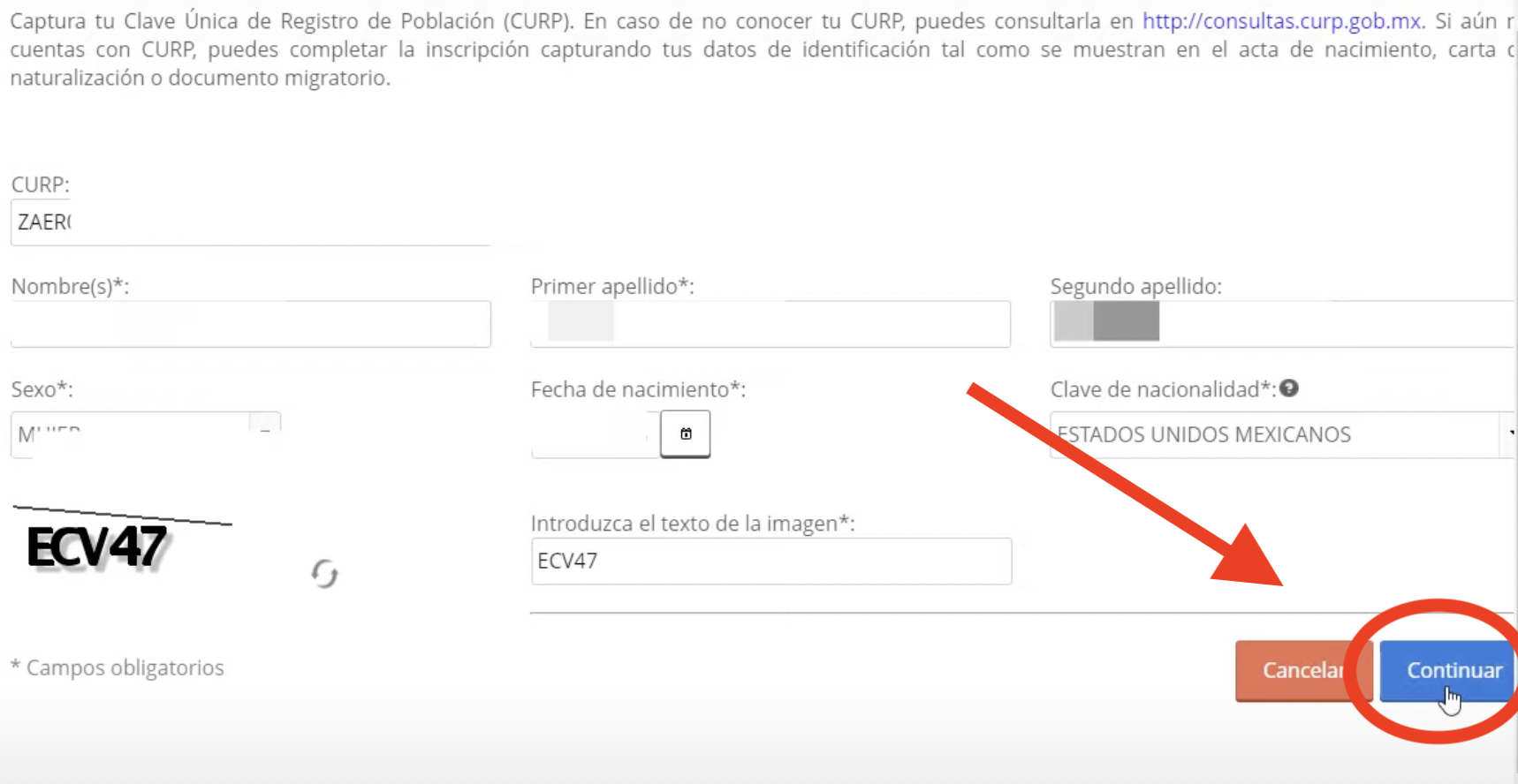 Captura de pantalla del portal del sat para preinscribirse para el rfc personas físicas llenada
