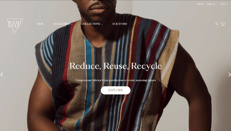 Bamigugu collections page showcasing brand storytelling with sustainable fashion narrative, featuring text 'Local Sourcing >> Expert Craftsmanship >> Ethical Heritage' with Earth imagery, and promotional 'Learn More' button demonstrating consistent visual branding
