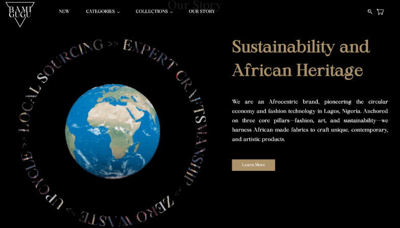 Bamigugu ecommerce website hero section with African map graphic and 'Sustainability and African Heritage' headline, emphasizing brand values of circular fashion economy and sustainable sourcing practices
