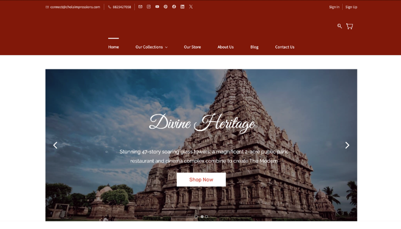 Chola Impressions ecommerce website hero section displaying hand-painted traditional artwork with temple architecture backdrop, 'Divine Heritage' headline, and 'Shop Now' CTA, emphasizing craftsmanship and premium product quality through immersive visual design