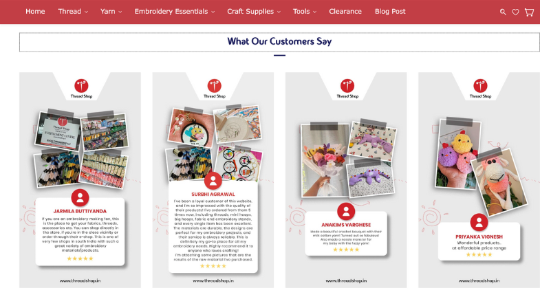 ThreadShop 'What Our Customers Say' section showcasing customer testimonials with 5-star ratings from Surbhi Agarwal, Anandvi Vardhese, and Priyanka Vomesh, displaying customer photos and detailed feedback about product quality and service