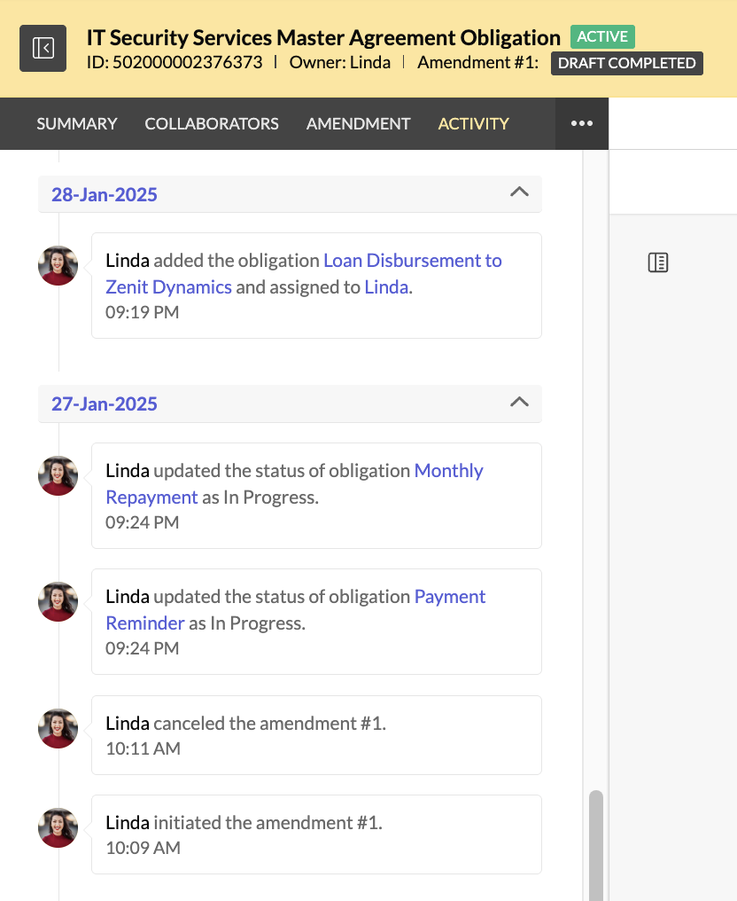 The image displays how the activity tab is in Zoho Contracts