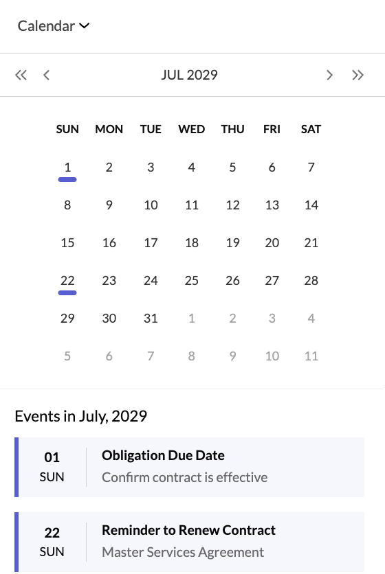 The image displays how reminders are shown in the calendar view of Zoho Contracts