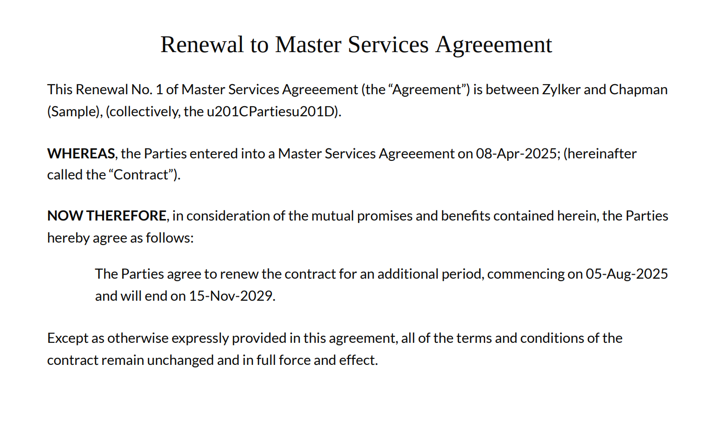 The image displays how renewal letters are generated in Zoho Contracts