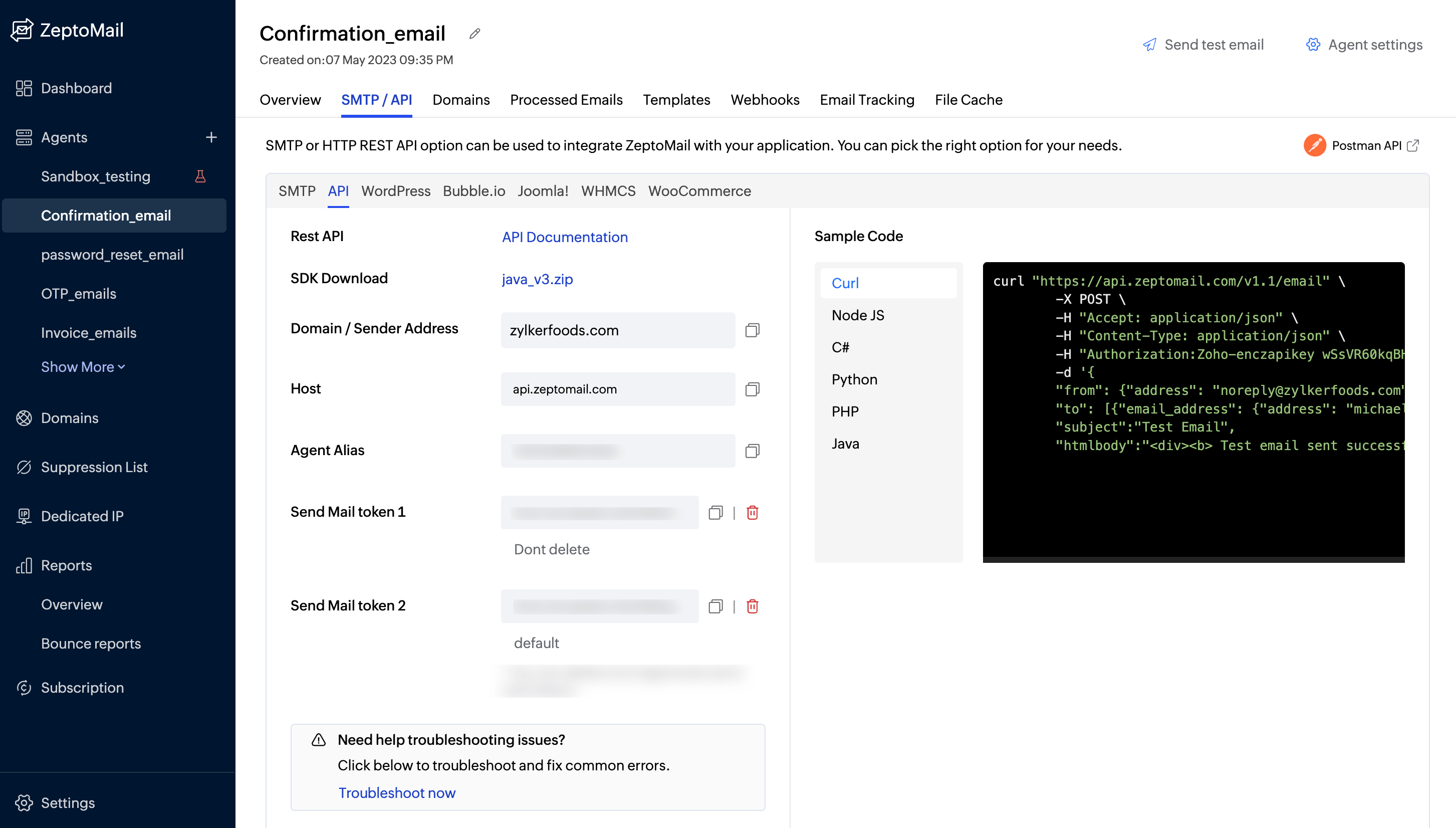 configure via api with zeptomail