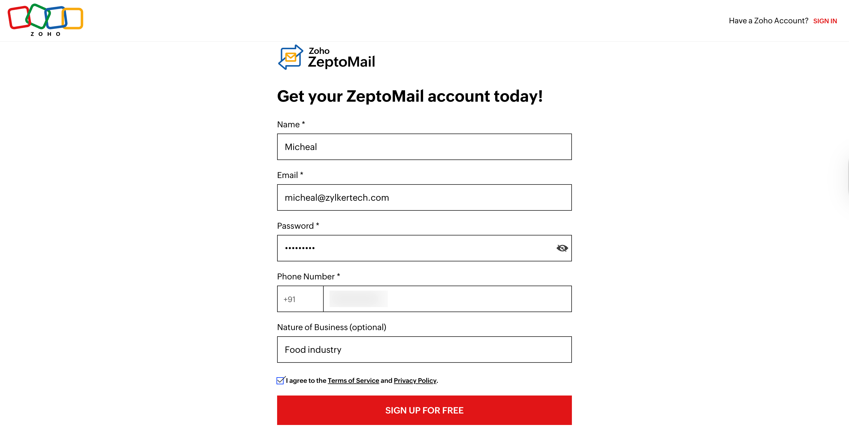 sign up to ZeptoMail