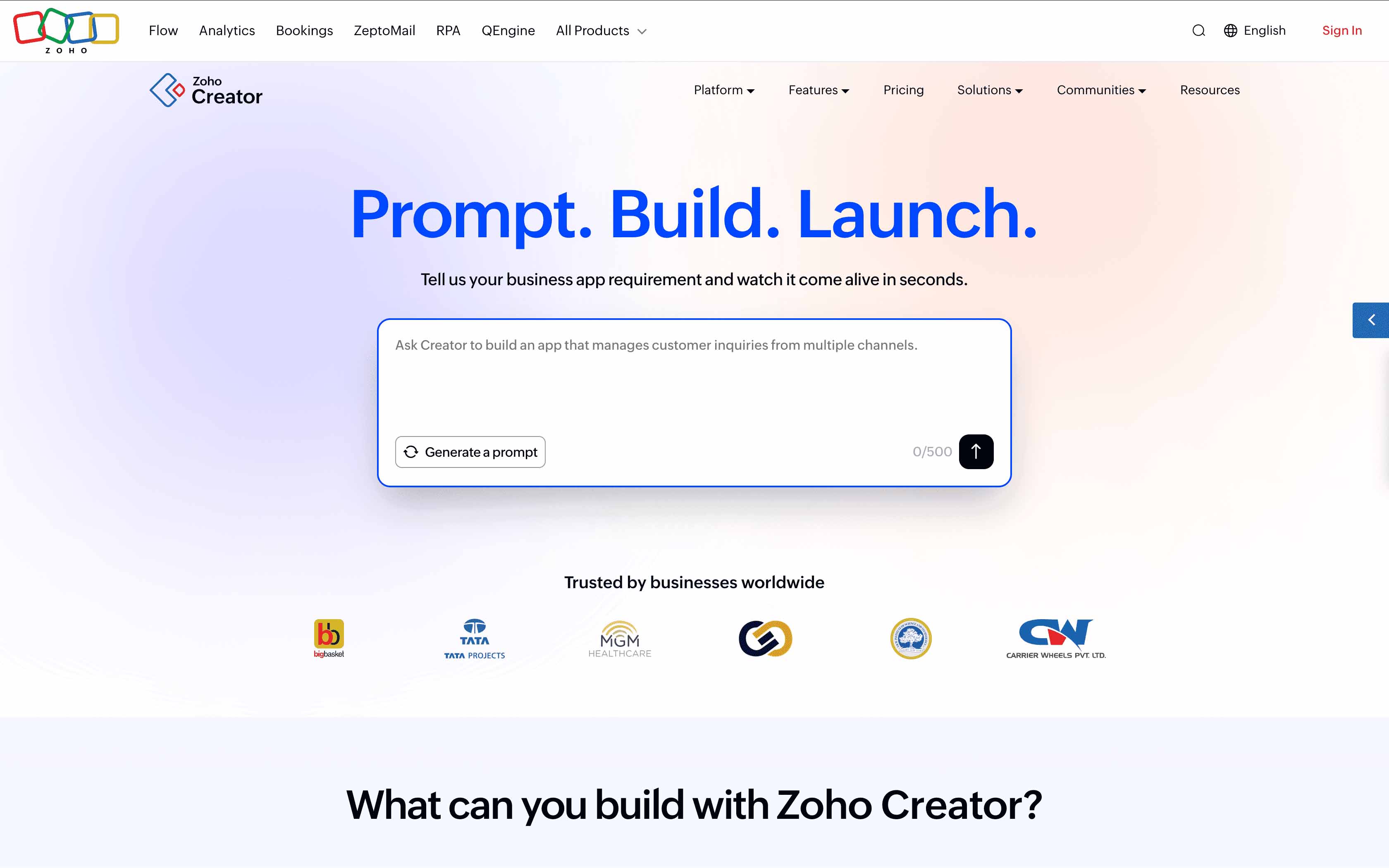 Zoho Creator home page