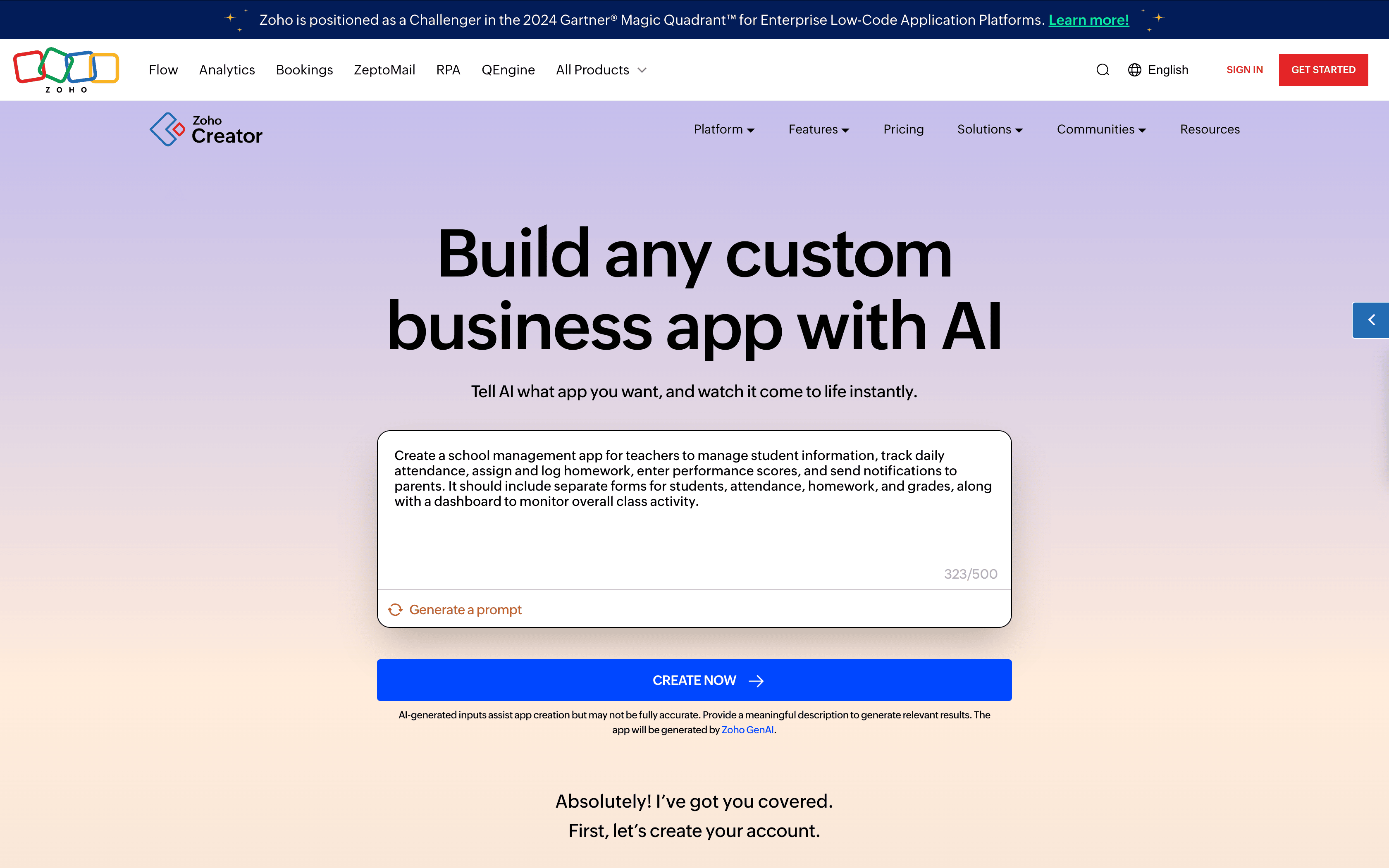 Prompt-based app creation using Zoho Creator