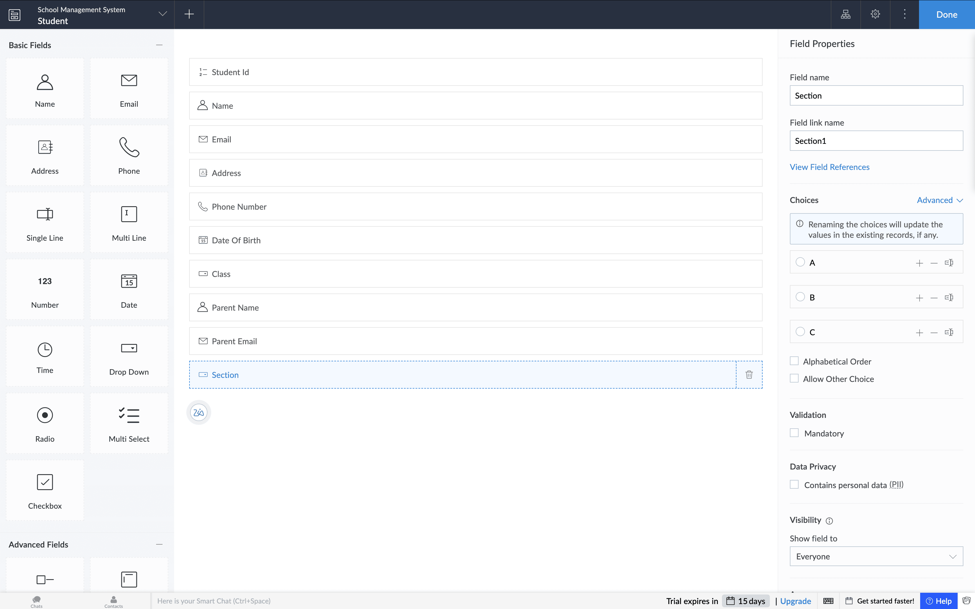 Student form built using ai with Zoho Creator