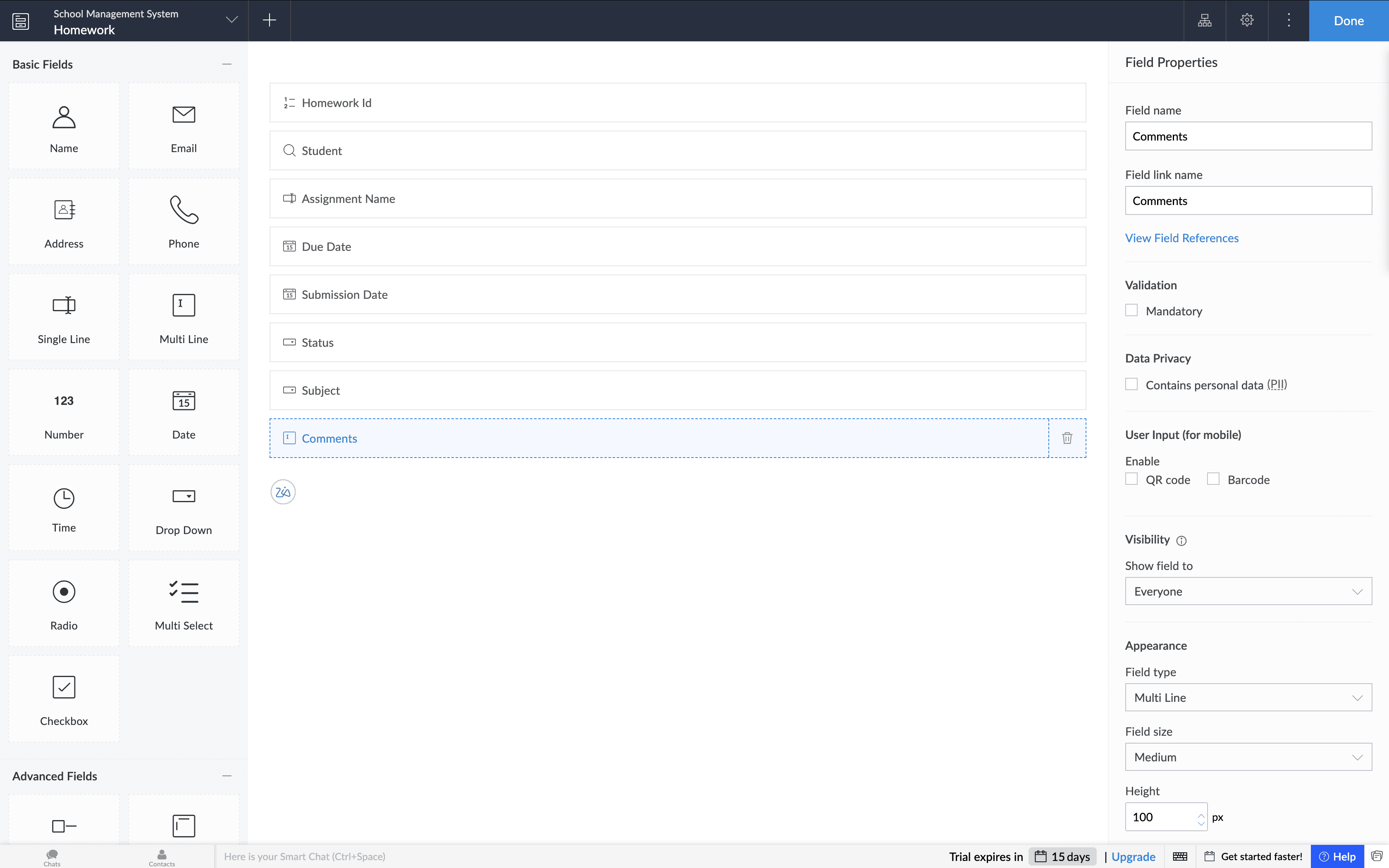 Homework form built using AI with Zoho Creator