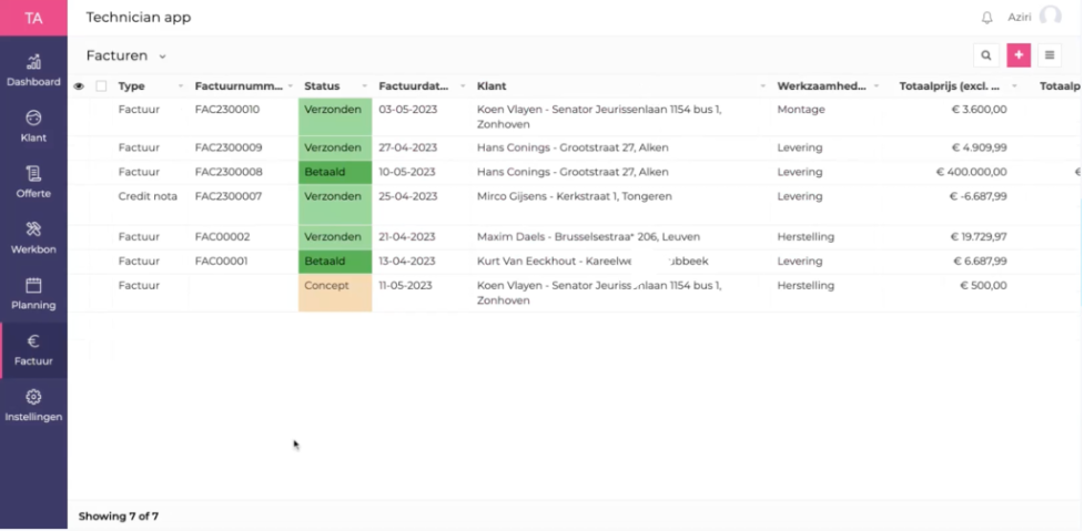 technician app - facturen