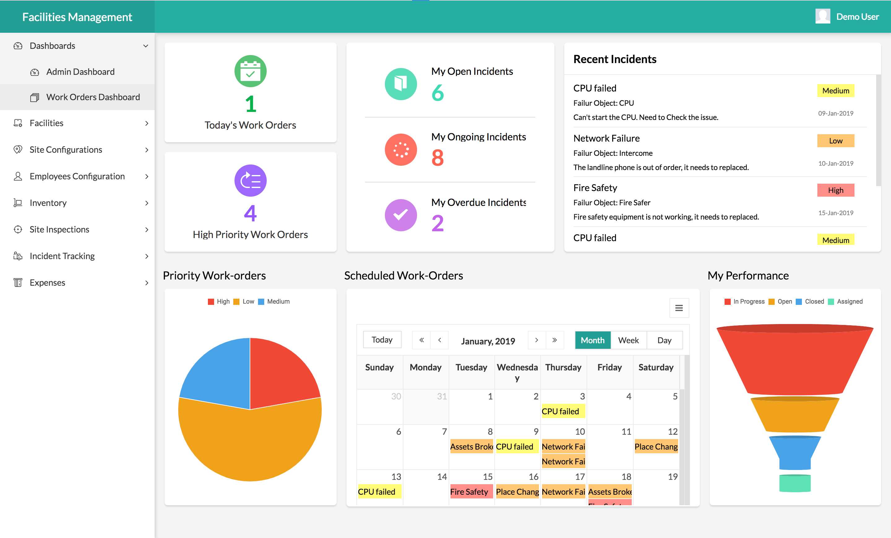 Facilities management app dashboard