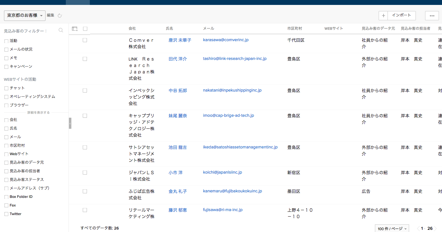 Zoho CRM 東京都の見込み客を抽出したビュー