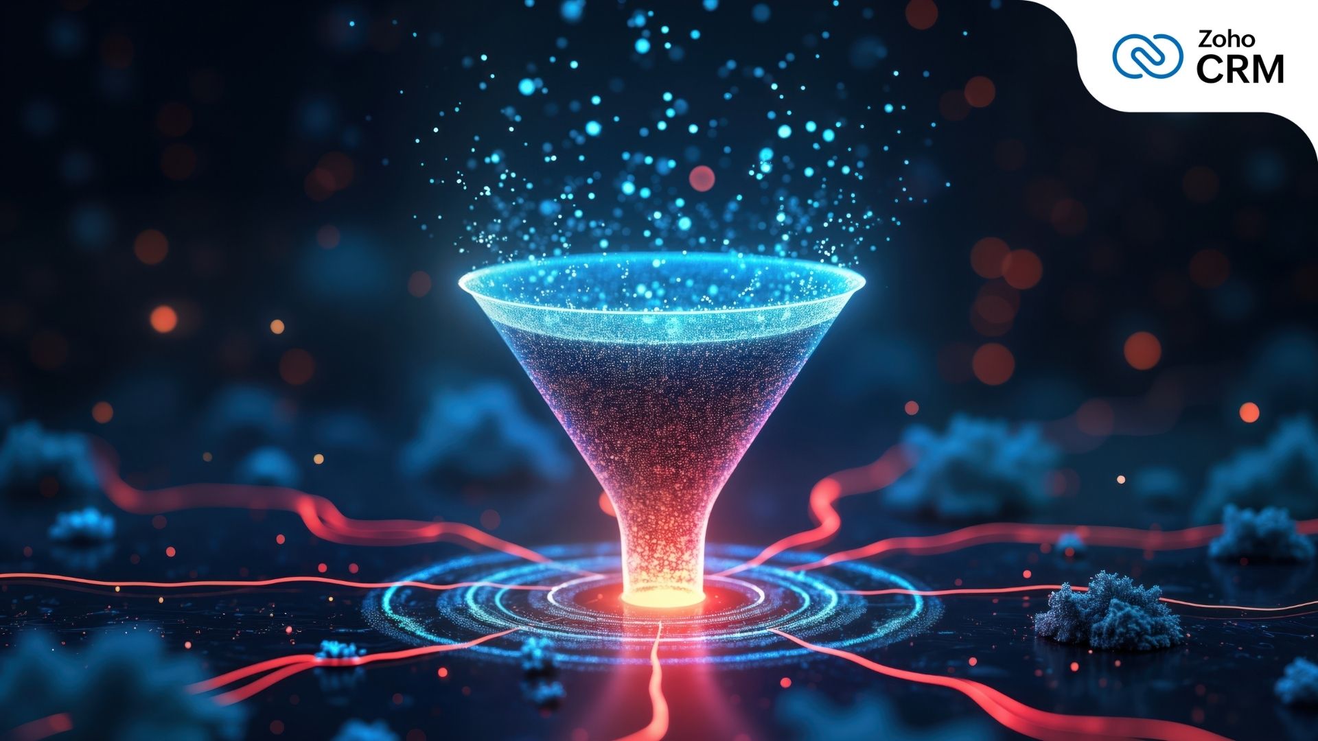 A funnel, blue at the top turning progressively red as it goes down, symbolising the cold, warm and hot leads at different stages of the buyer journey