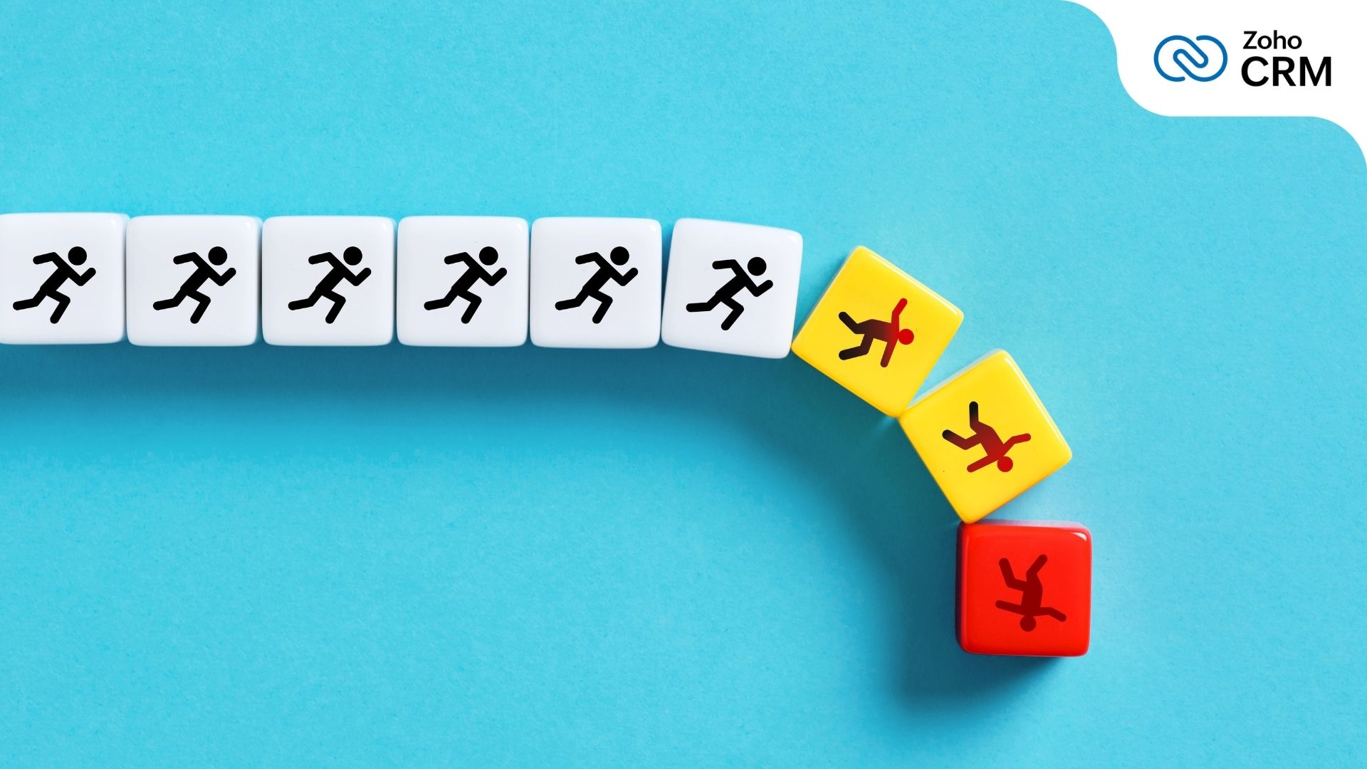 People running across coloured dice blocks with the first three blocks slowing falling off the line, symbolising how mistakes can derail lead nurturing efforts
