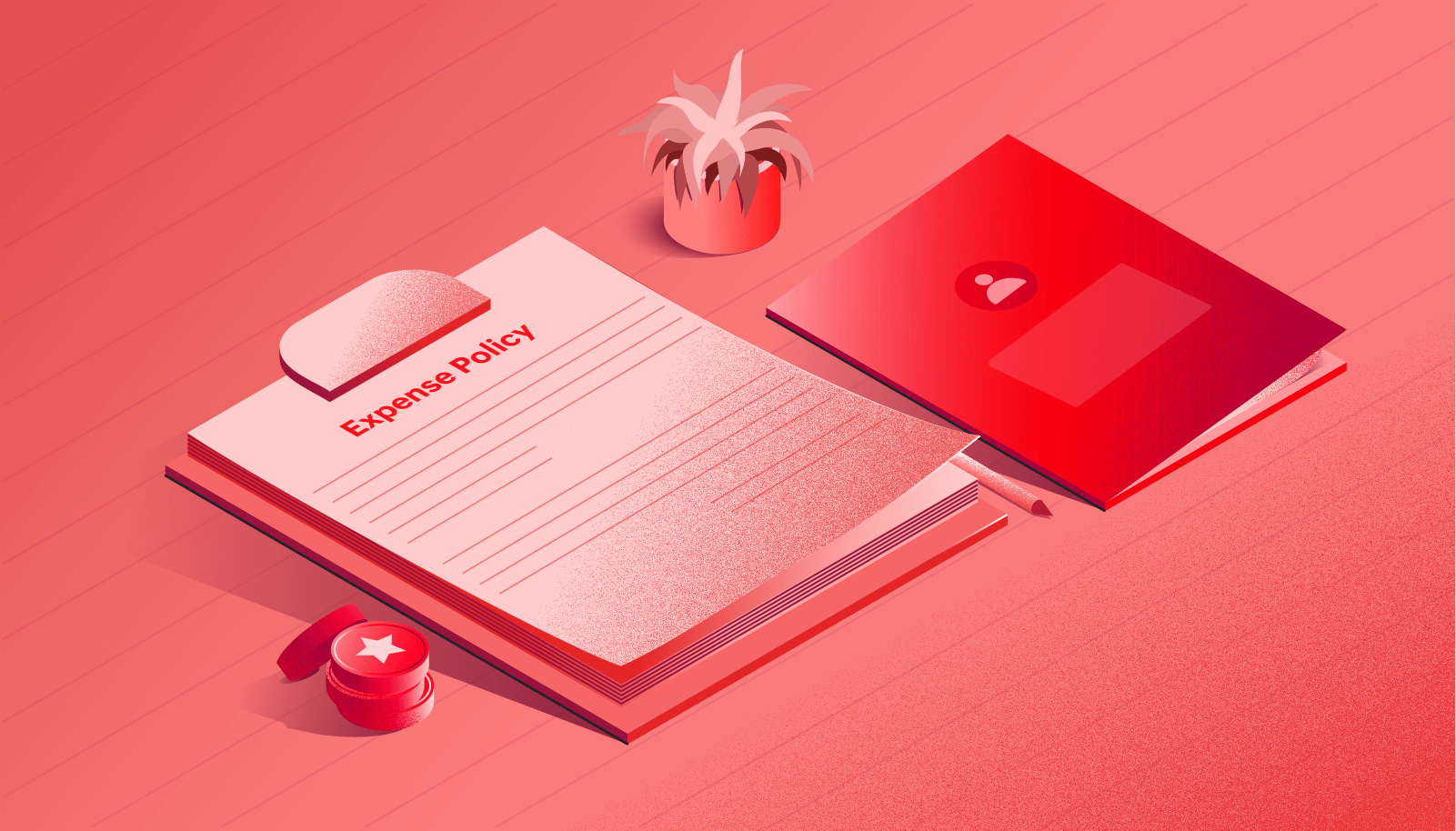An illustration of an expense policy in a clipboard on an office desk