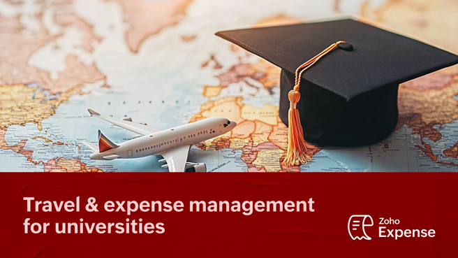 graduation cap and toy plane on a map to showcase T&E for universities
