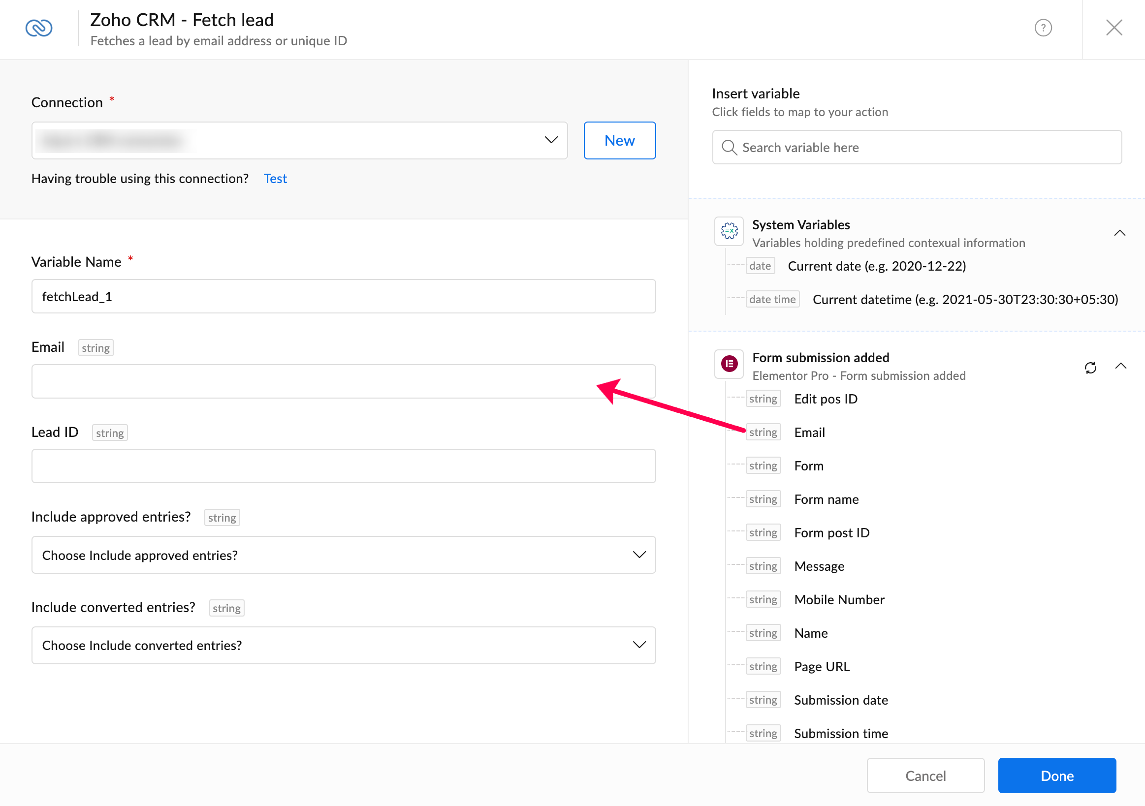 Zoho CRM fetch lead configuration