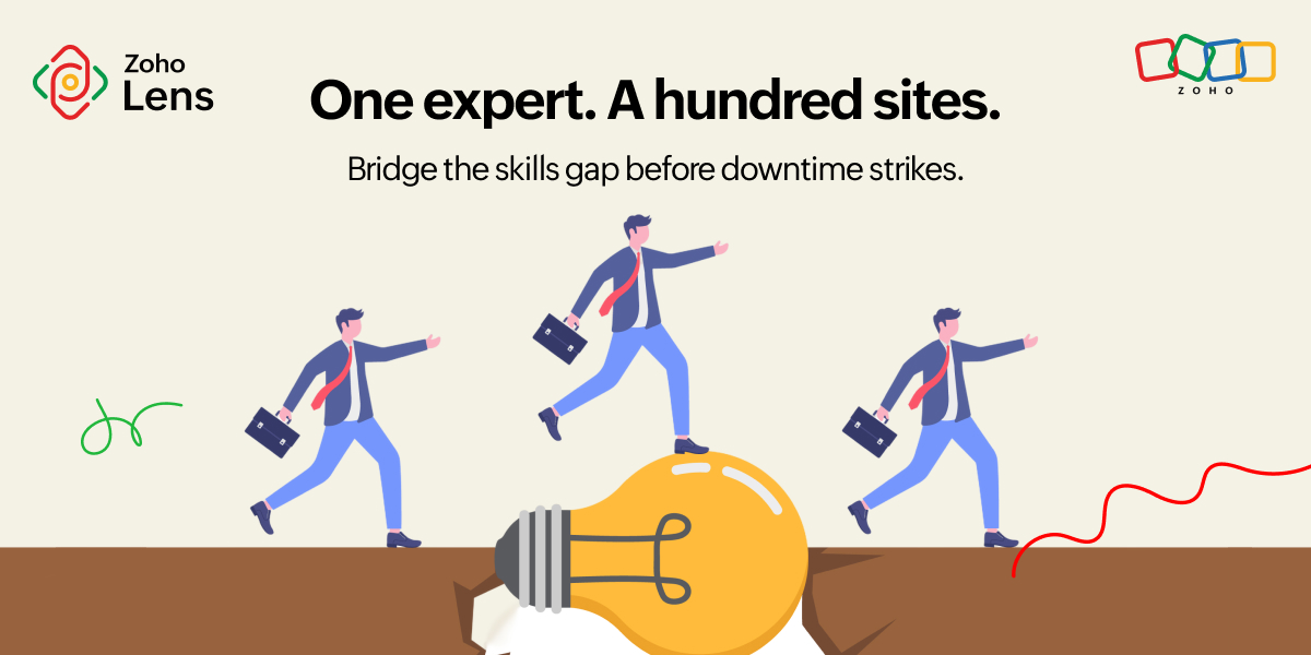 Bridge the workforce skills gap with Zoho Lens Zoho Lens banner showing business professionals walking over a lightbulb, illustrating how to bridge the workforce skills gap with remote visual support.