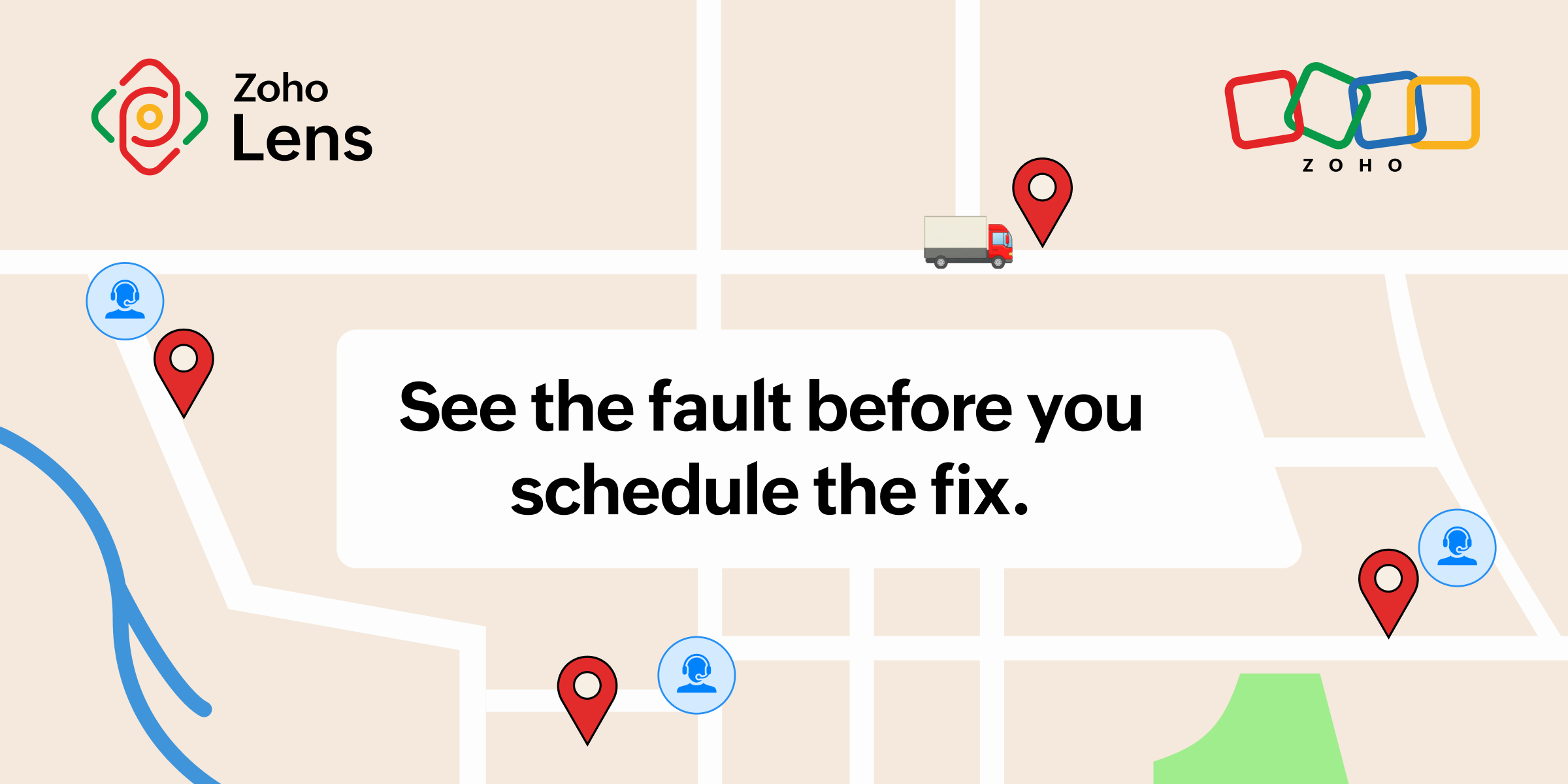 Zoho Lens banner showing dispatch locations on a map, illustrating visual triage before a truck roll is scheduled.