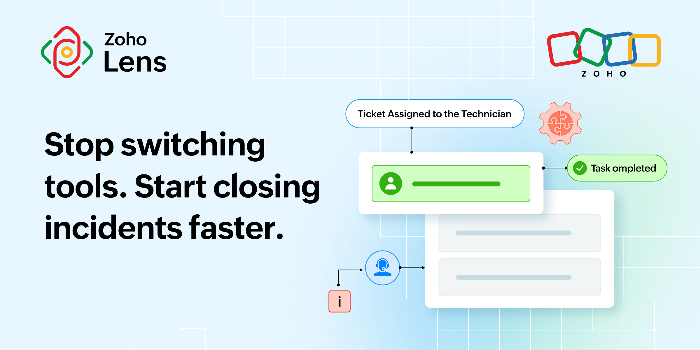 Zoho Lens illustration of a support ticket moving from assignment to completion through one connected, integrated workflow.
