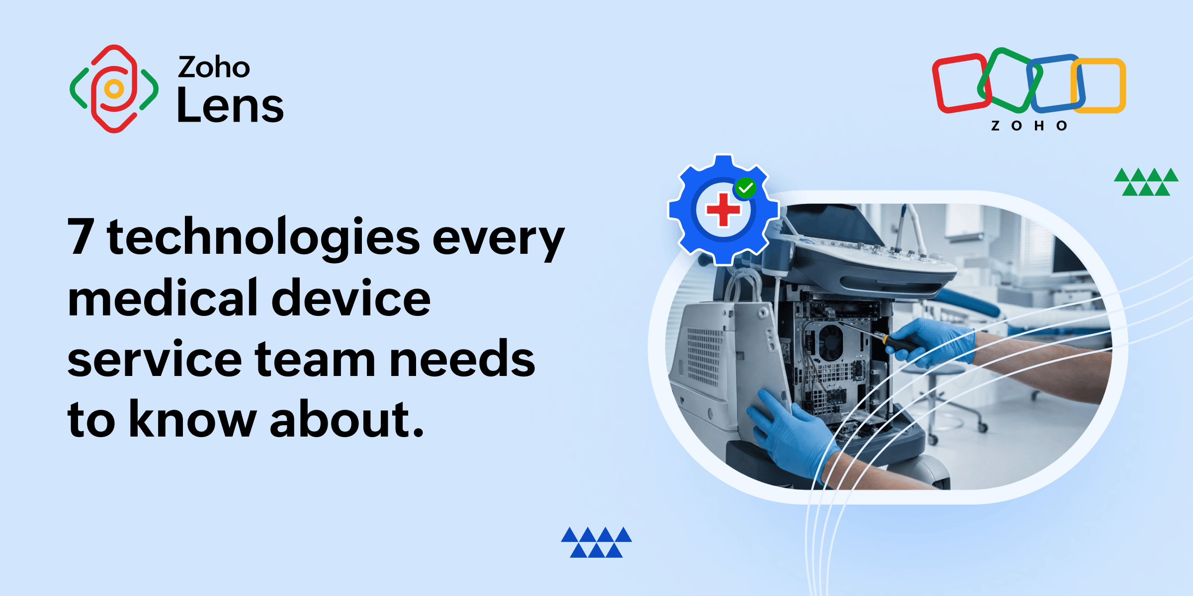 Zoho Lens banner showing a technician repairing a medical device, illustrating how 7 latest technologies are reshaping their workflows