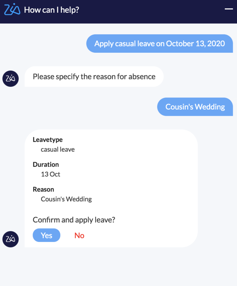 "Applying leave with Zia in Zoho People"