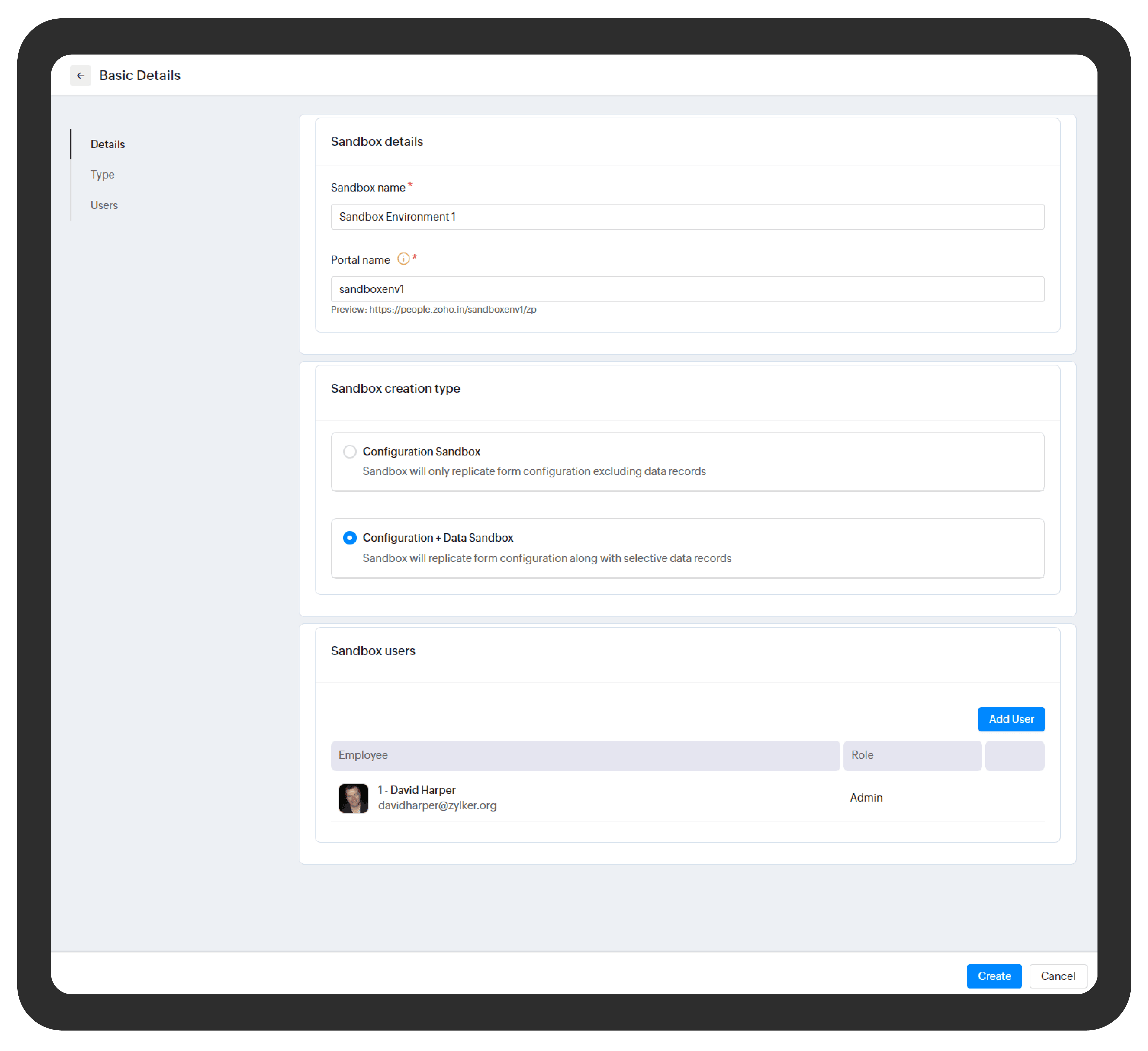 Sandbox in Zoho People