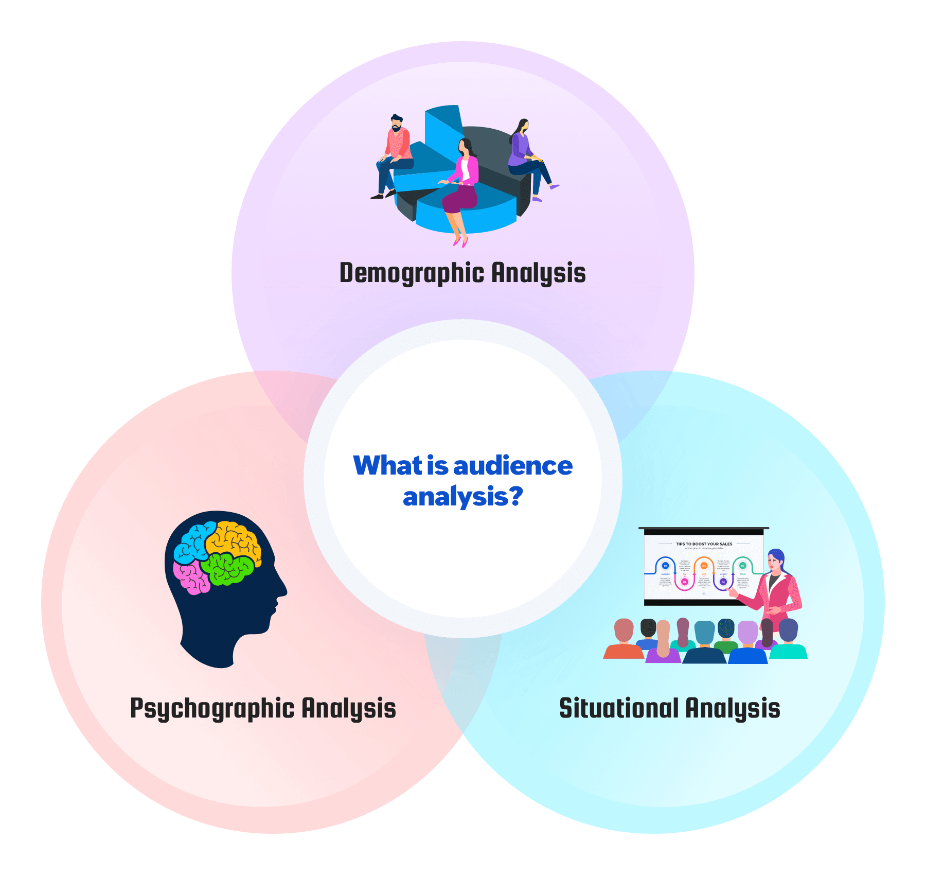 Audience analysis, demographic analysis, psychographic analysis, situational analysis