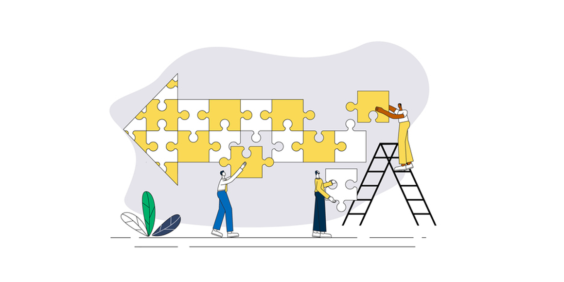 Illustration of three people fixing pieces of a jigsaw puzzle to form an arrow mark