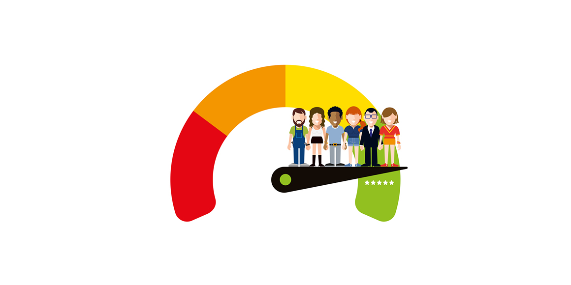 Illustration of a gauge going from positive to negative and a group of people standing on the needle in the positive range