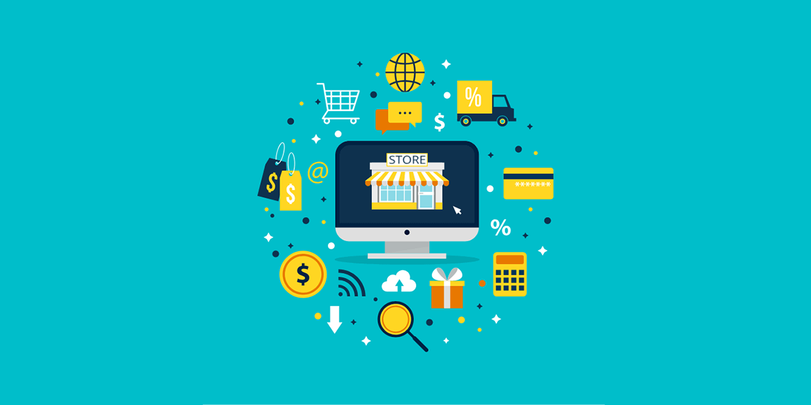 Illustration of an online store with icons related to buying, money, and transactions around it