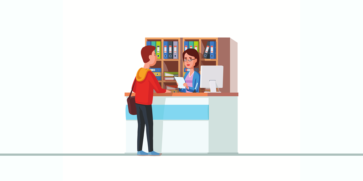 Illustration of a customer talking to a person managing an enquiry desk