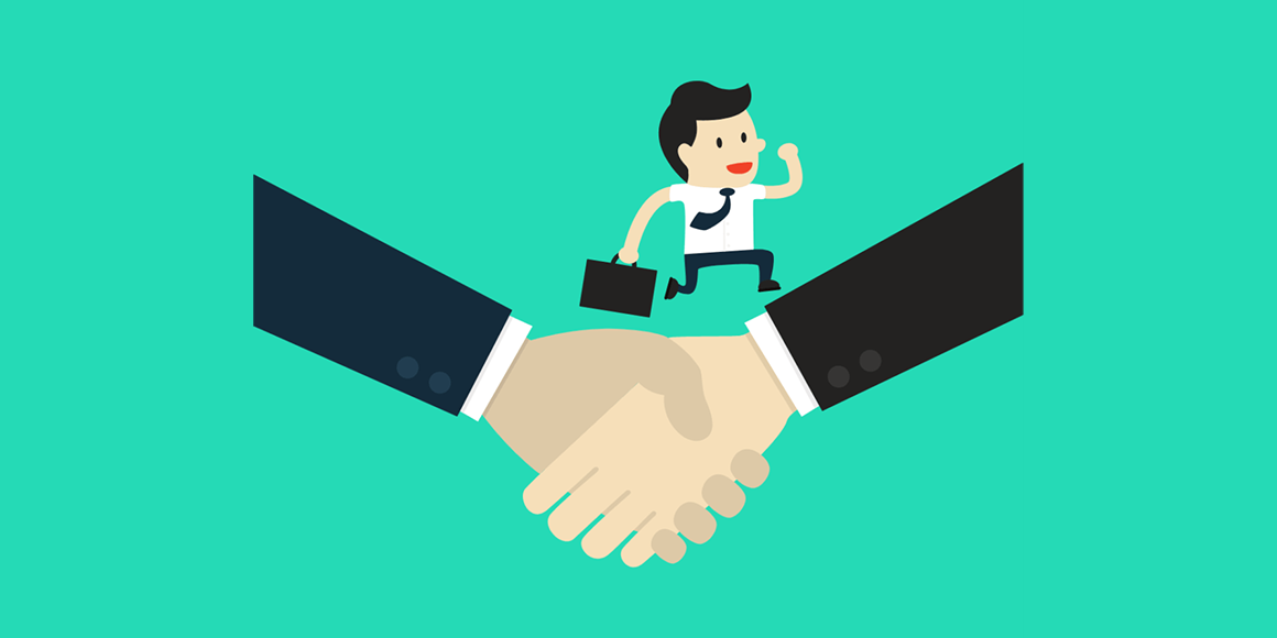 Illustration of a handshake with a business executive running from one hand to another