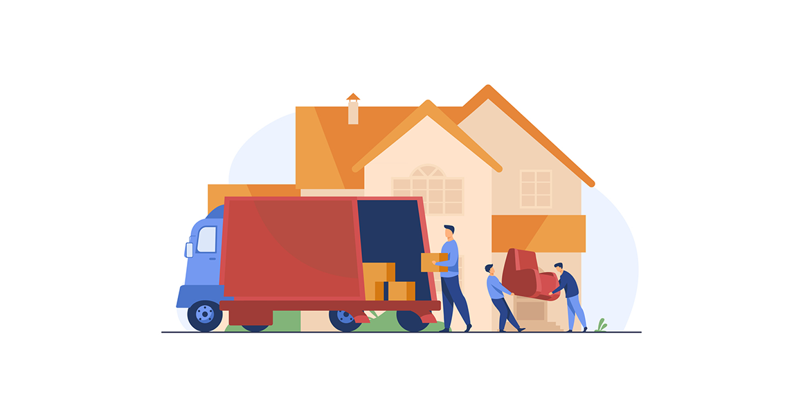 Illustration of three people moving boxes and furniture into a house