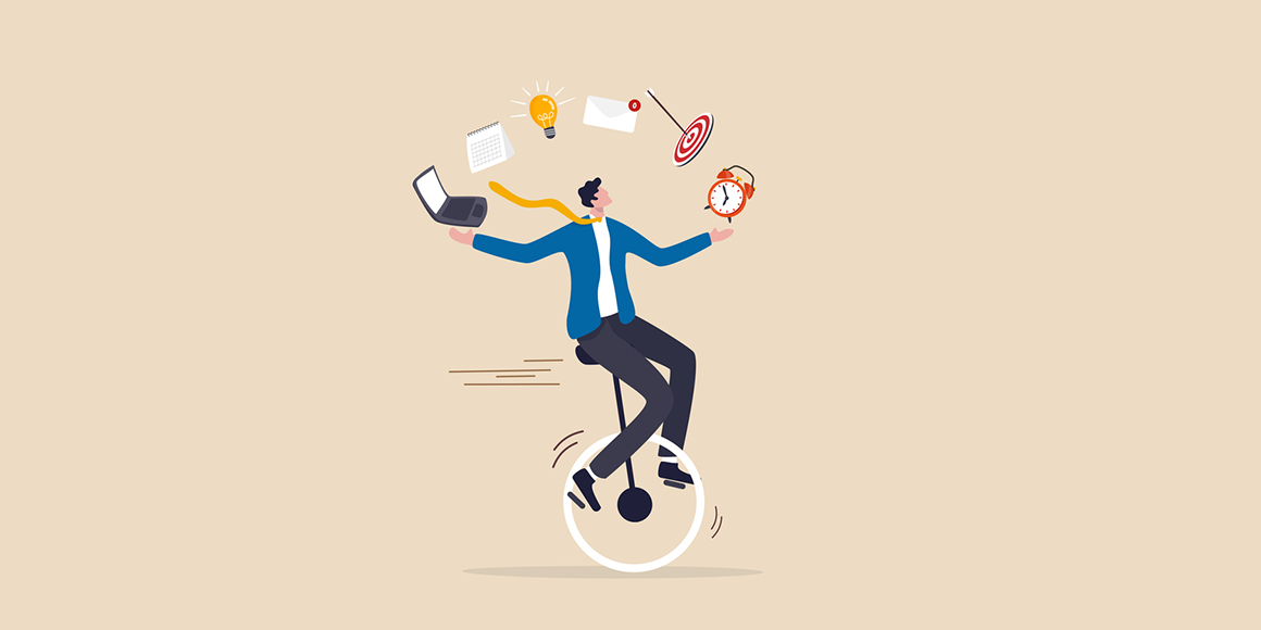 Illustration of an executive juggling multiple objects while riding a unicycle