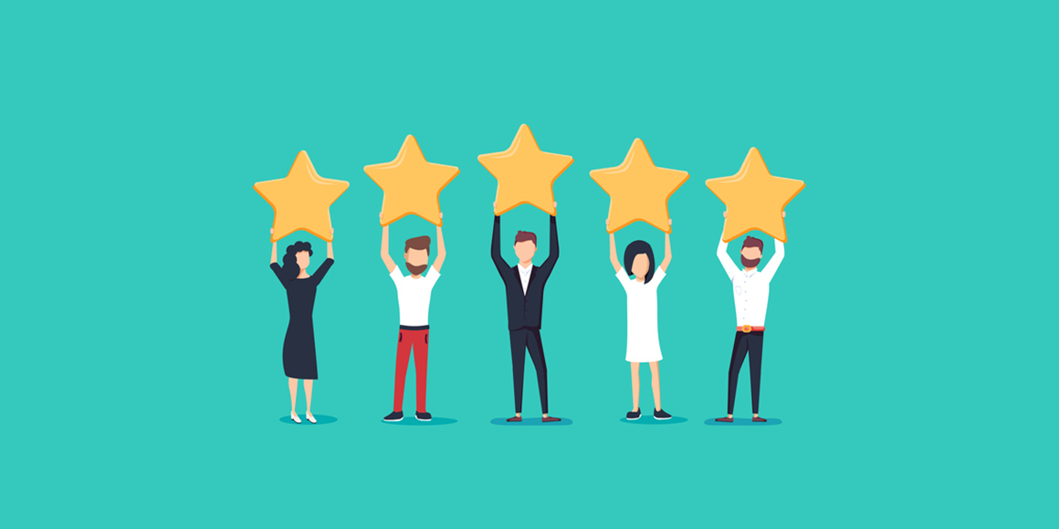 Illustration of five customers, where each of them holds a star above their heads. All of them together provide a 5-star rating.