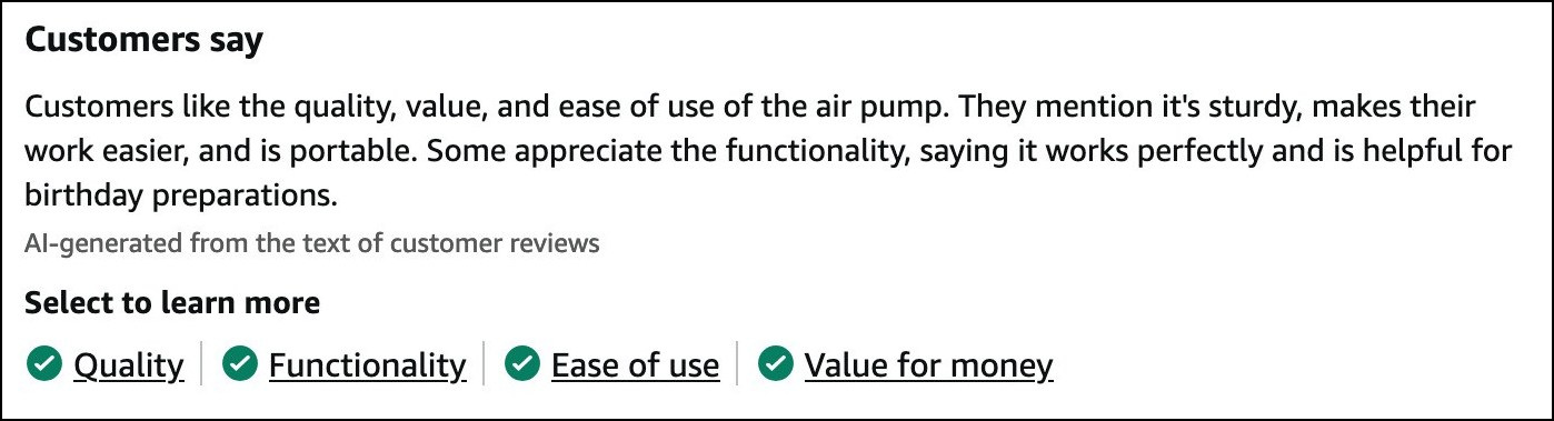 Screenshot of an AI-generated summary of customer reviews on Amazon