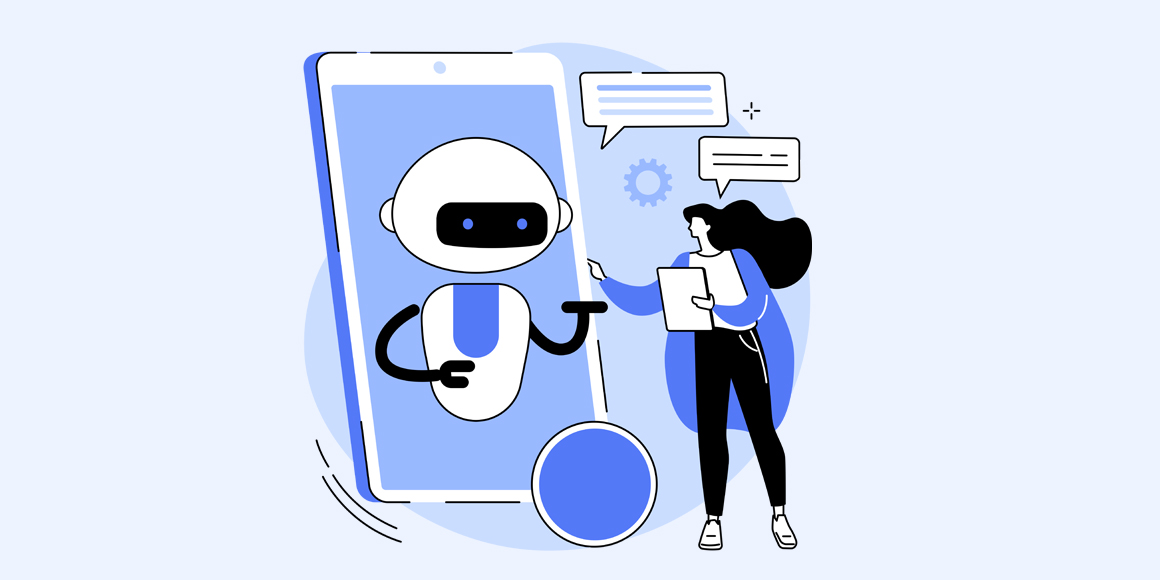 Illustration of a woman having a conversation with a chatbot in a device