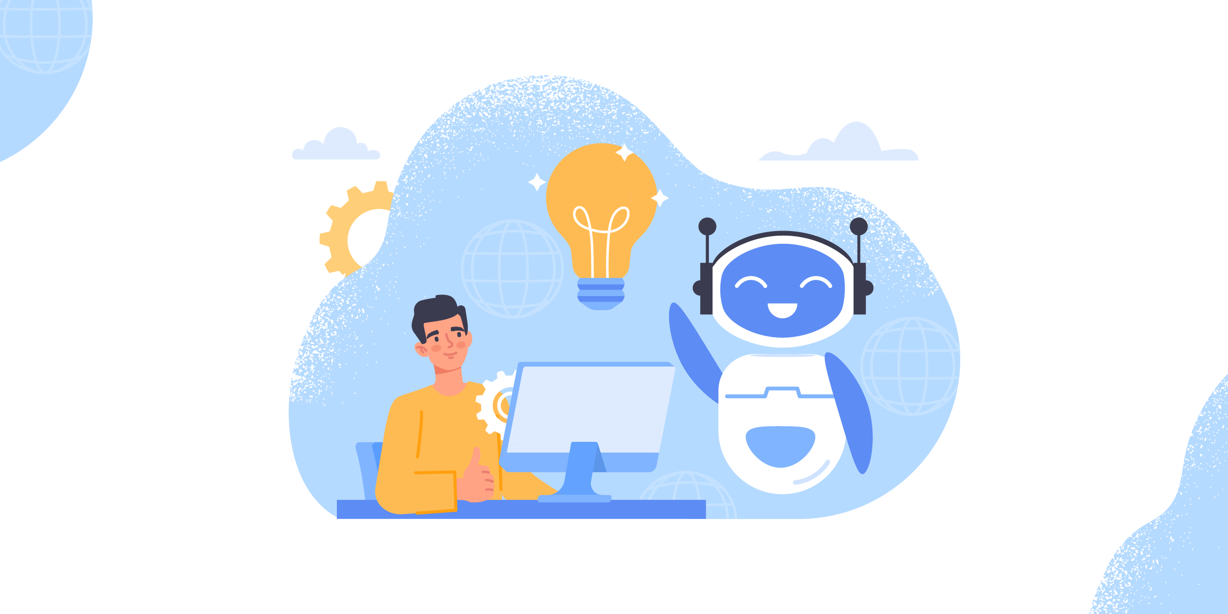 Illustration of a person asking a droid-like being for ideas