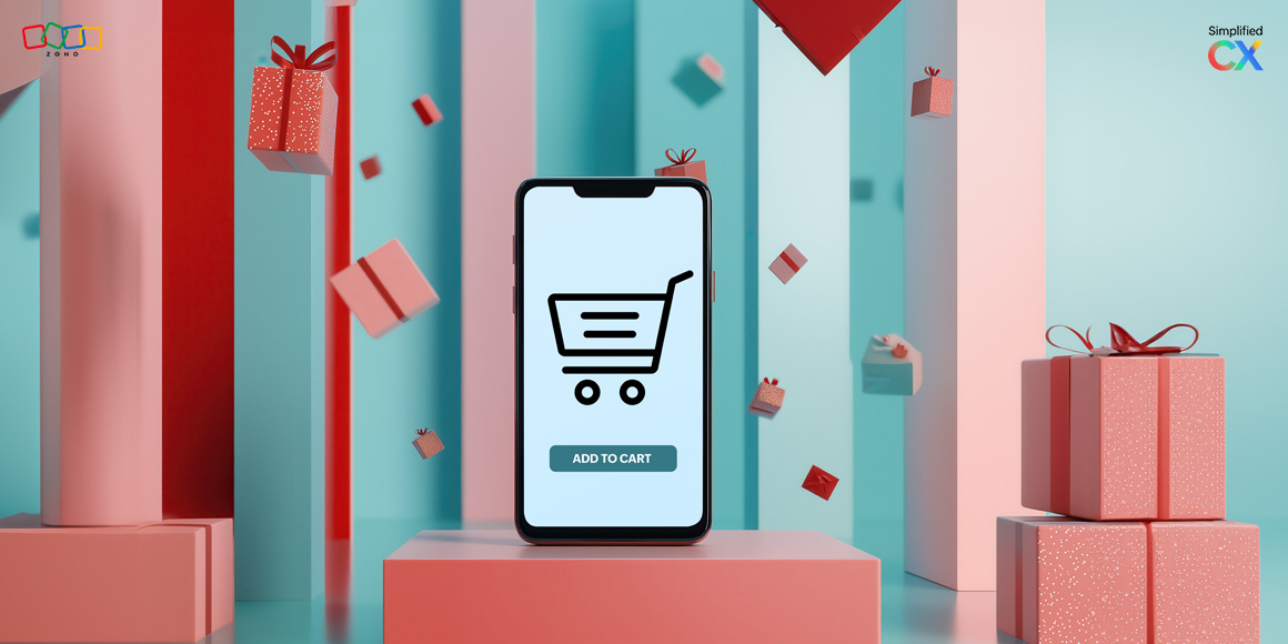 Illustration of a smartphone with a shopping cart icon and wrapped giftboxes in the background